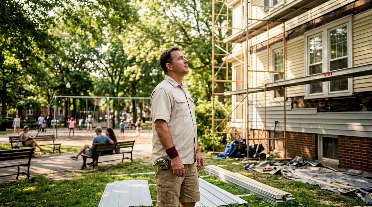 Homeowner reviewing exterior remodeling progress