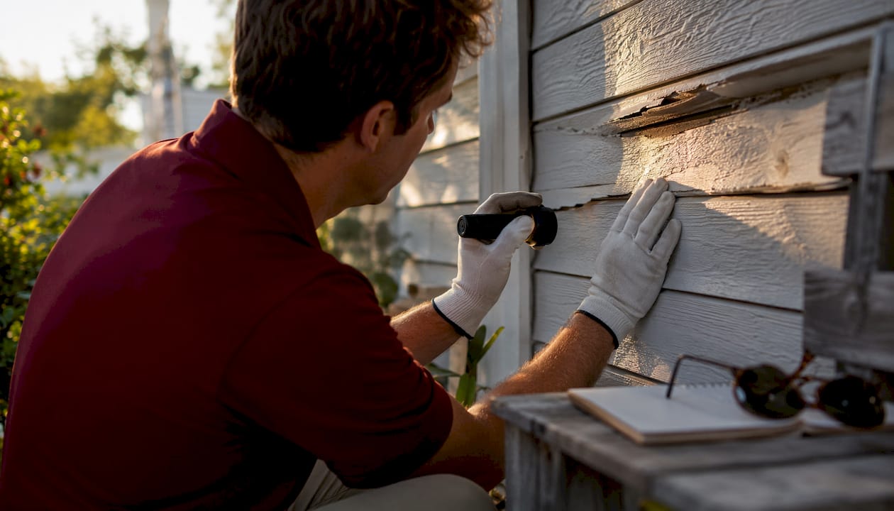 Hands inspecting damaged wood siding