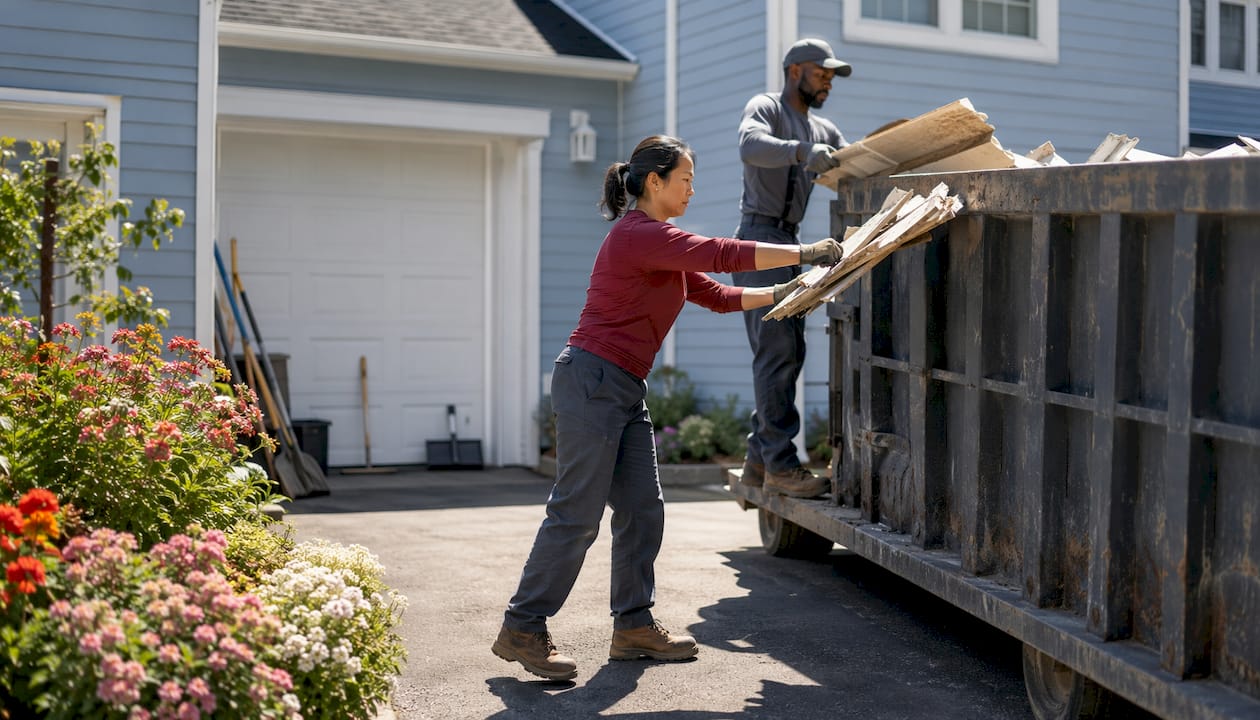 Contractors loading siding debris into dumpster