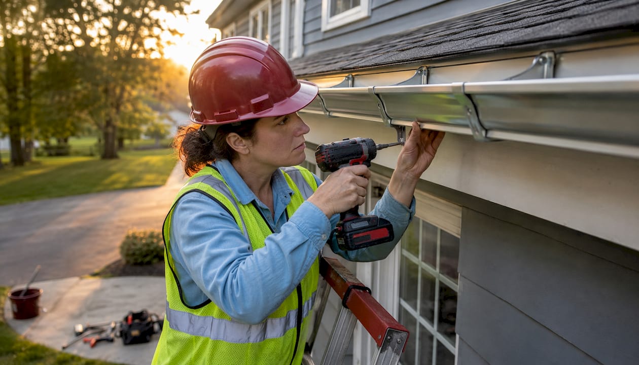 Worker adjusting gutter brackets on ladder outdoors