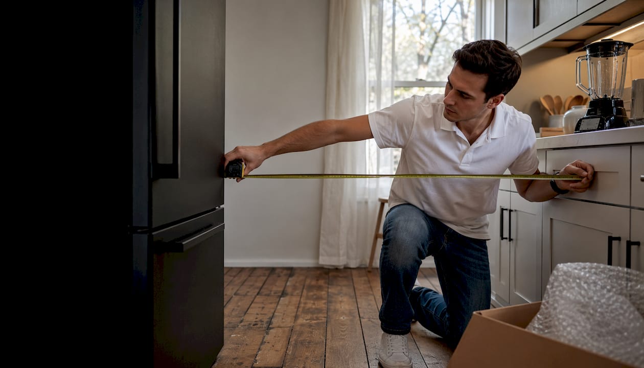 Man measuring kitchen appliance clearance