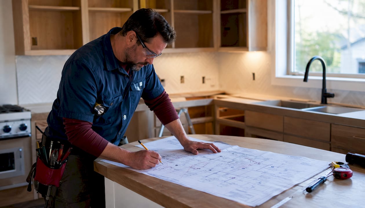 Electrician reviewing kitchen lighting plans