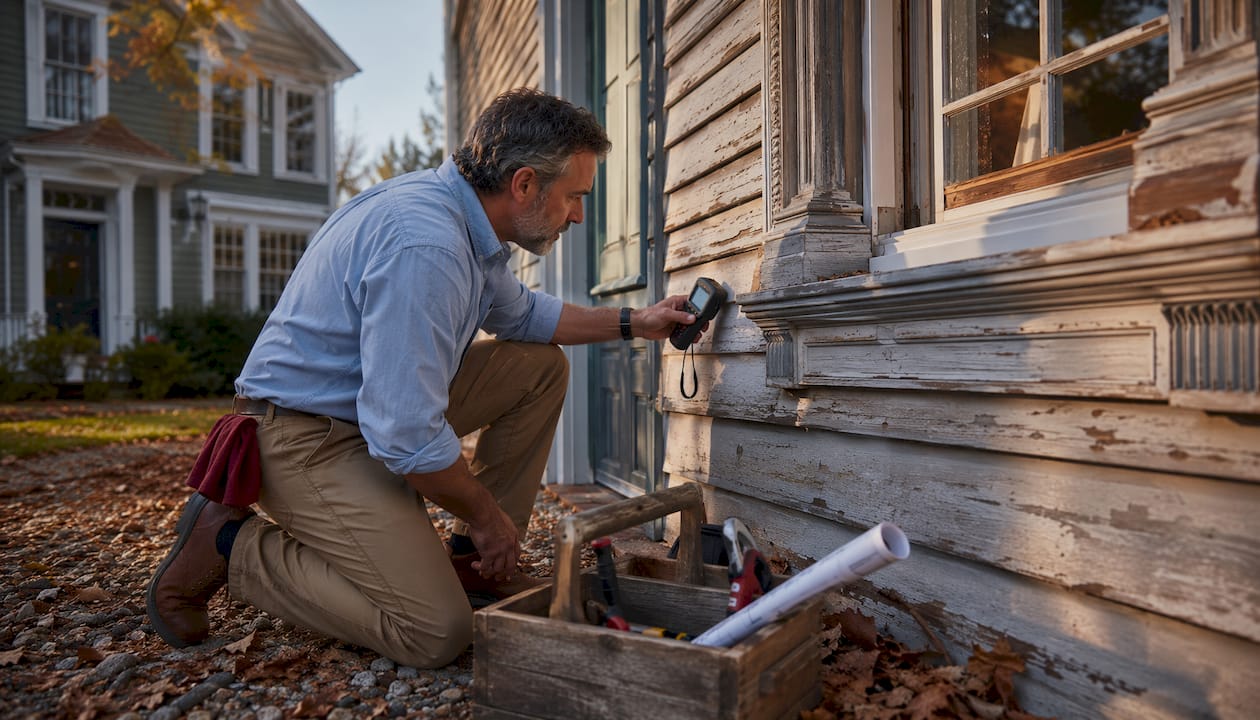 Hands inspecting siding and windows for roofing project