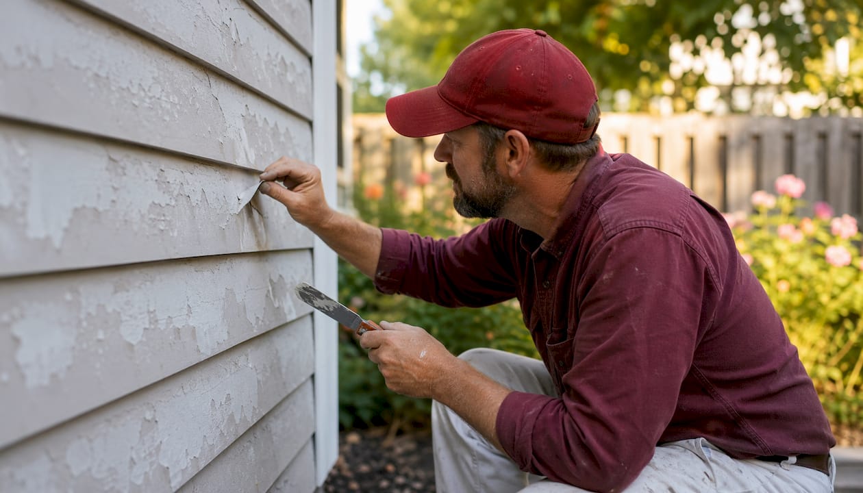 Painter inspecting peeling paint on vinyl siding