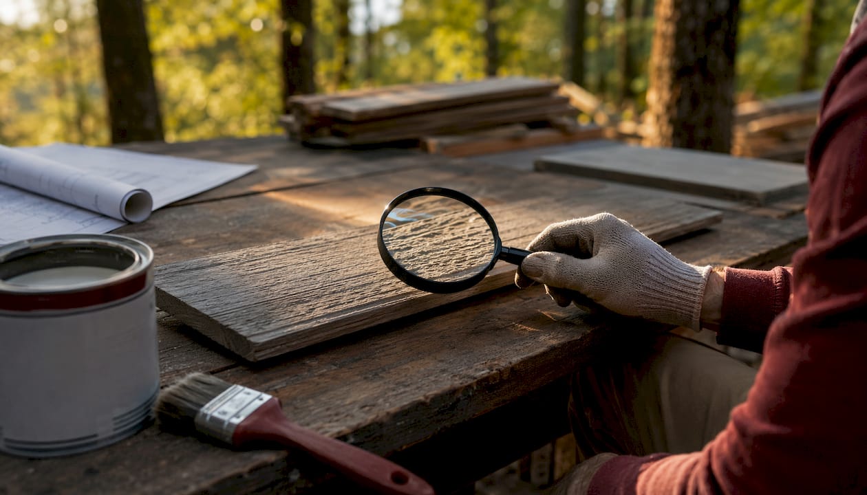 Wood siding sample with paint primer and magnifying glass