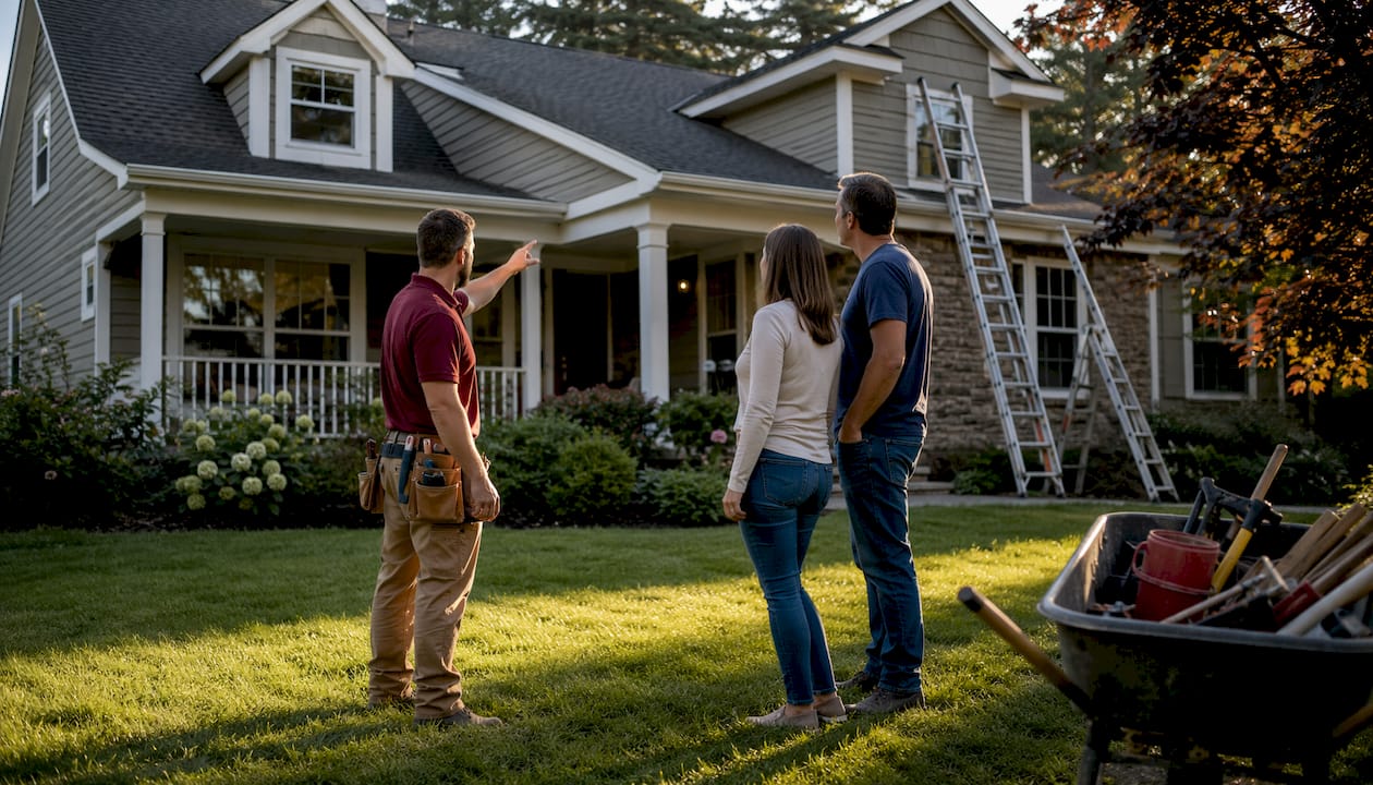 Homeowners and contractor discussing home renovation onsite