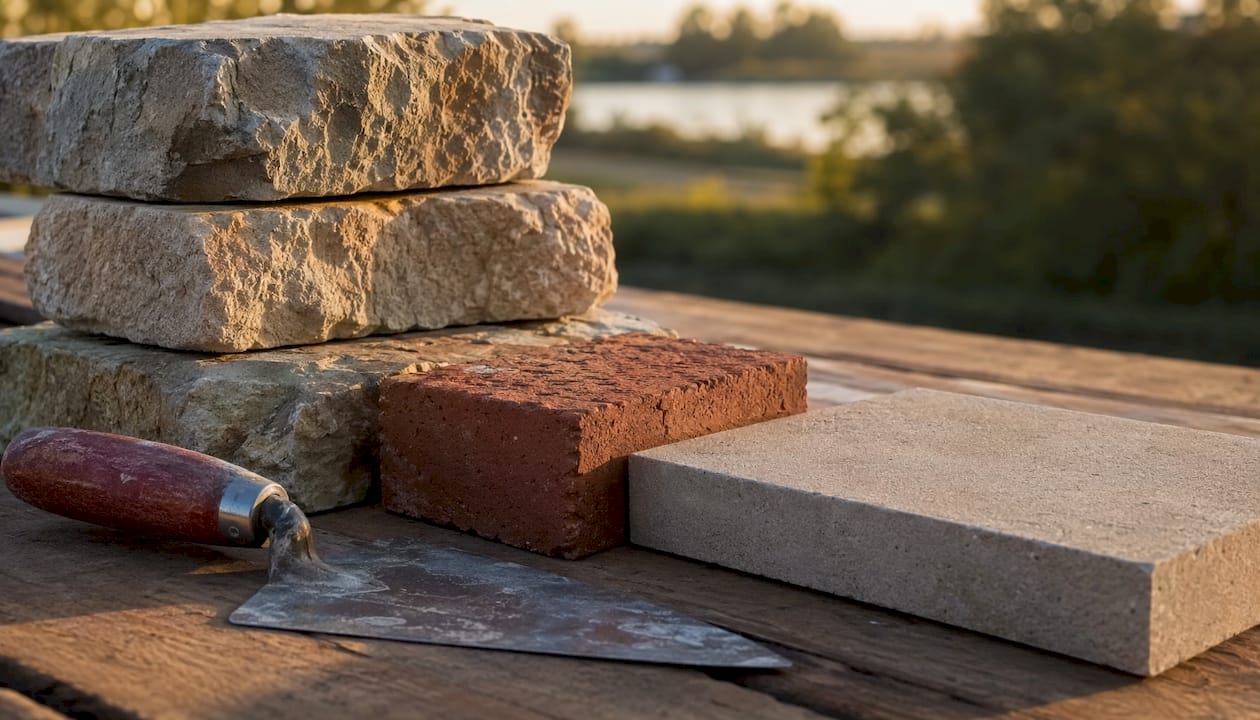 Close-up of assorted masonry facade materials