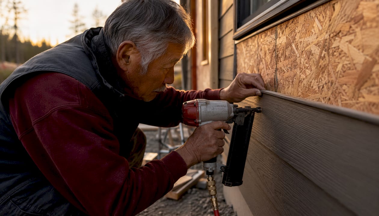 Hands nailing siding panel correctly outdoors