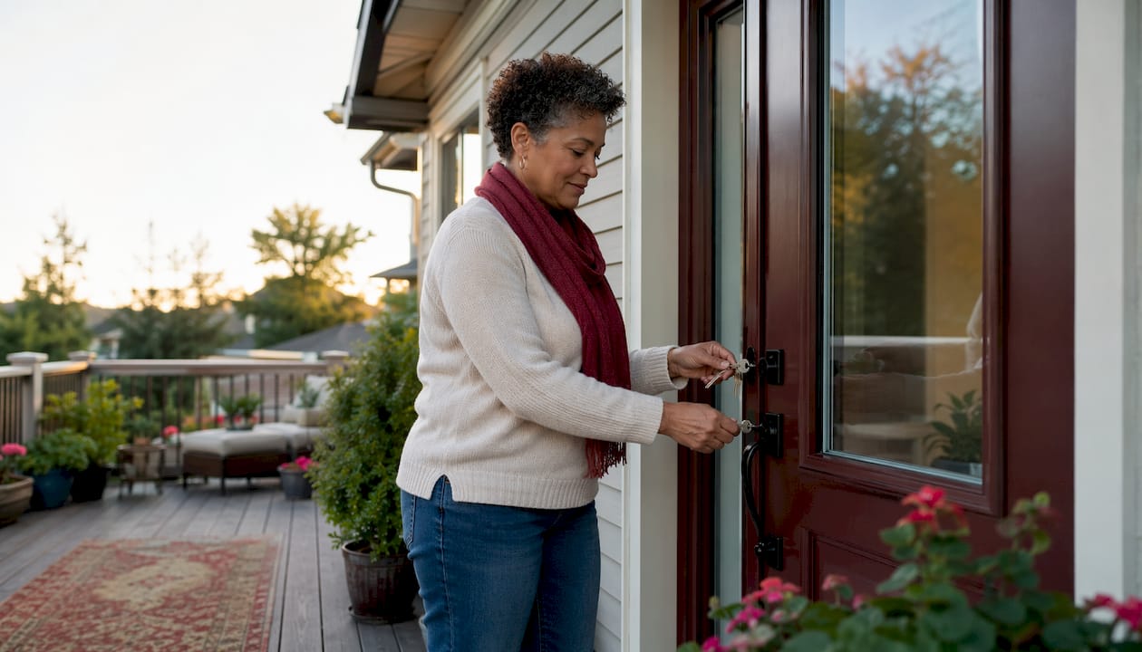Woman unlocking new front entry door at home