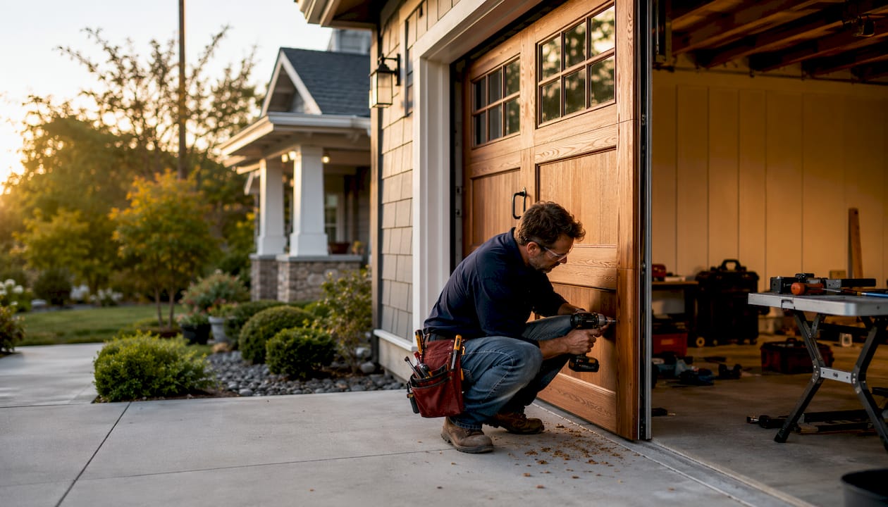 Contractor installing new garage door hardware