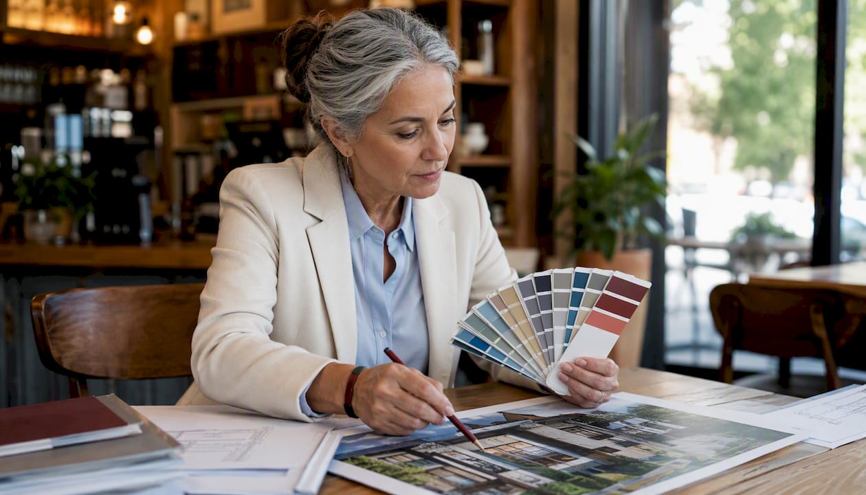Architect selecting coatings with color swatches and facade photo