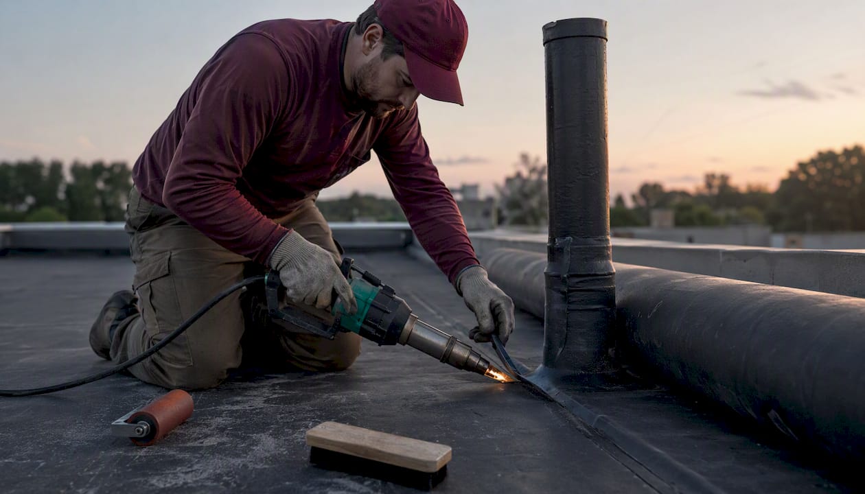 Hands welding flat roof membrane seams near pipe penetration