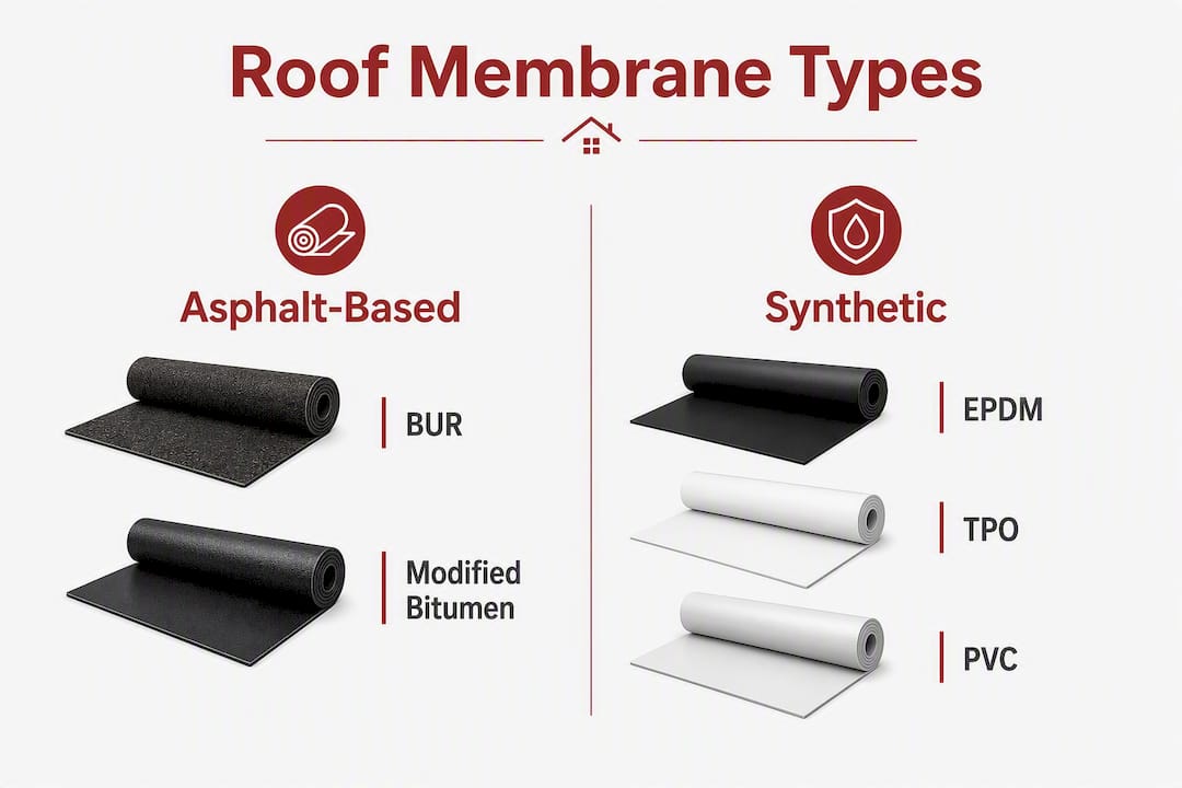 Infographic comparing asphalt-based and synthetic roof membranes