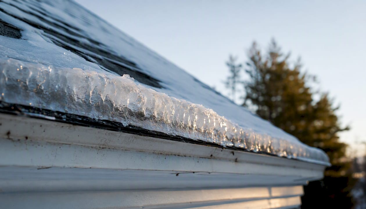 Ice dam buildup on roof eave