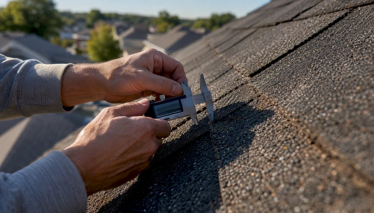 Hands measuring roof crack width