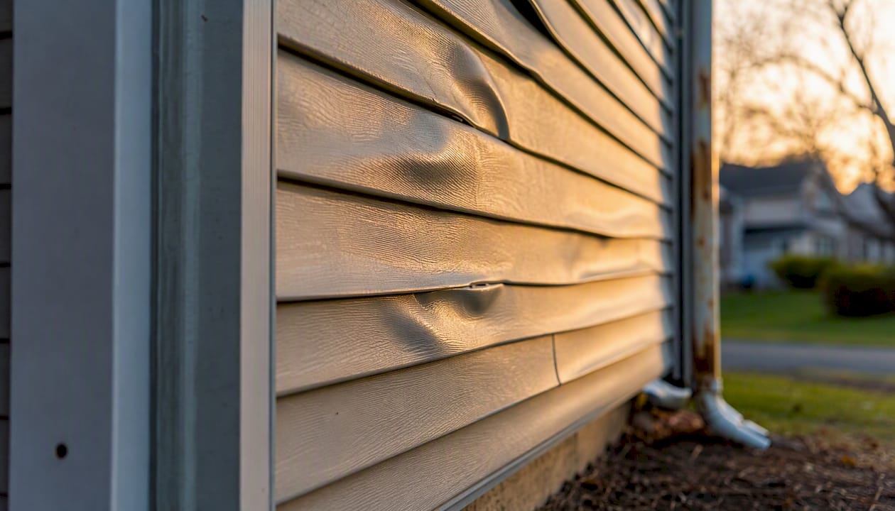 Close-up of warped, bubbled vinyl siding panels