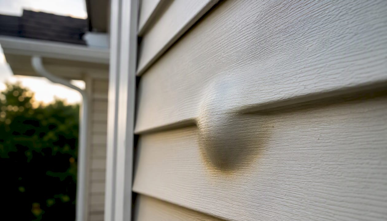 Close-up of moisture-induced bubble on vinyl siding