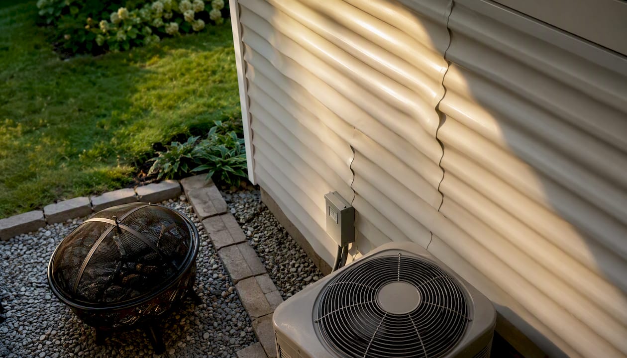 Heat-distorted siding near gas grill and AC unit