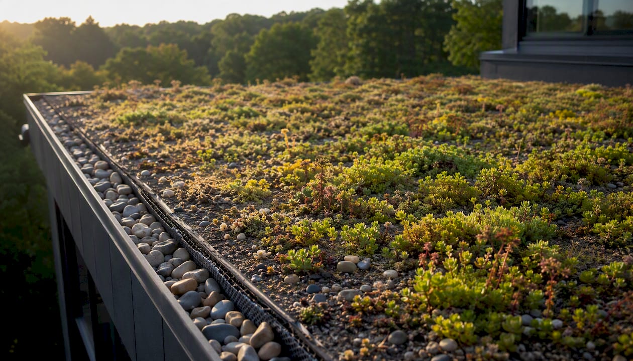 Plants on green roof over flat surface