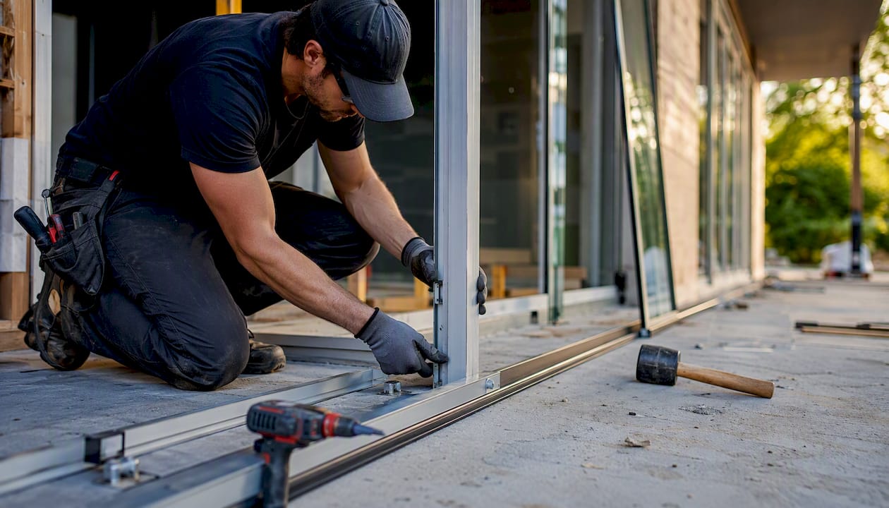Contractor assembling stick-built storefront frame