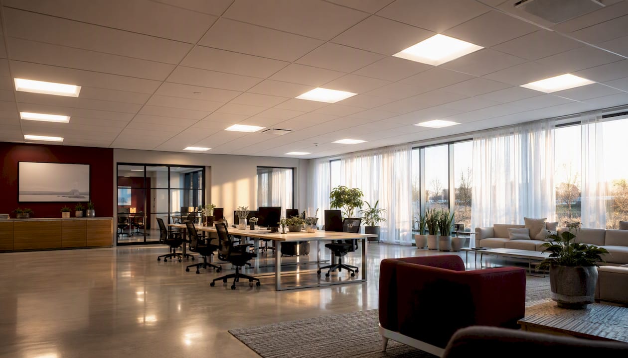 Commercial office interior with LED lighting installed