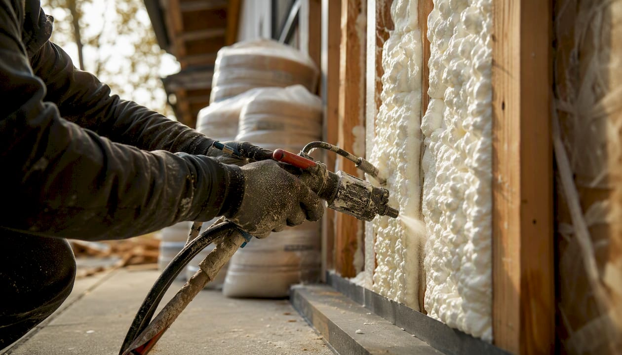 Contractor applying spray foam insulation to wall