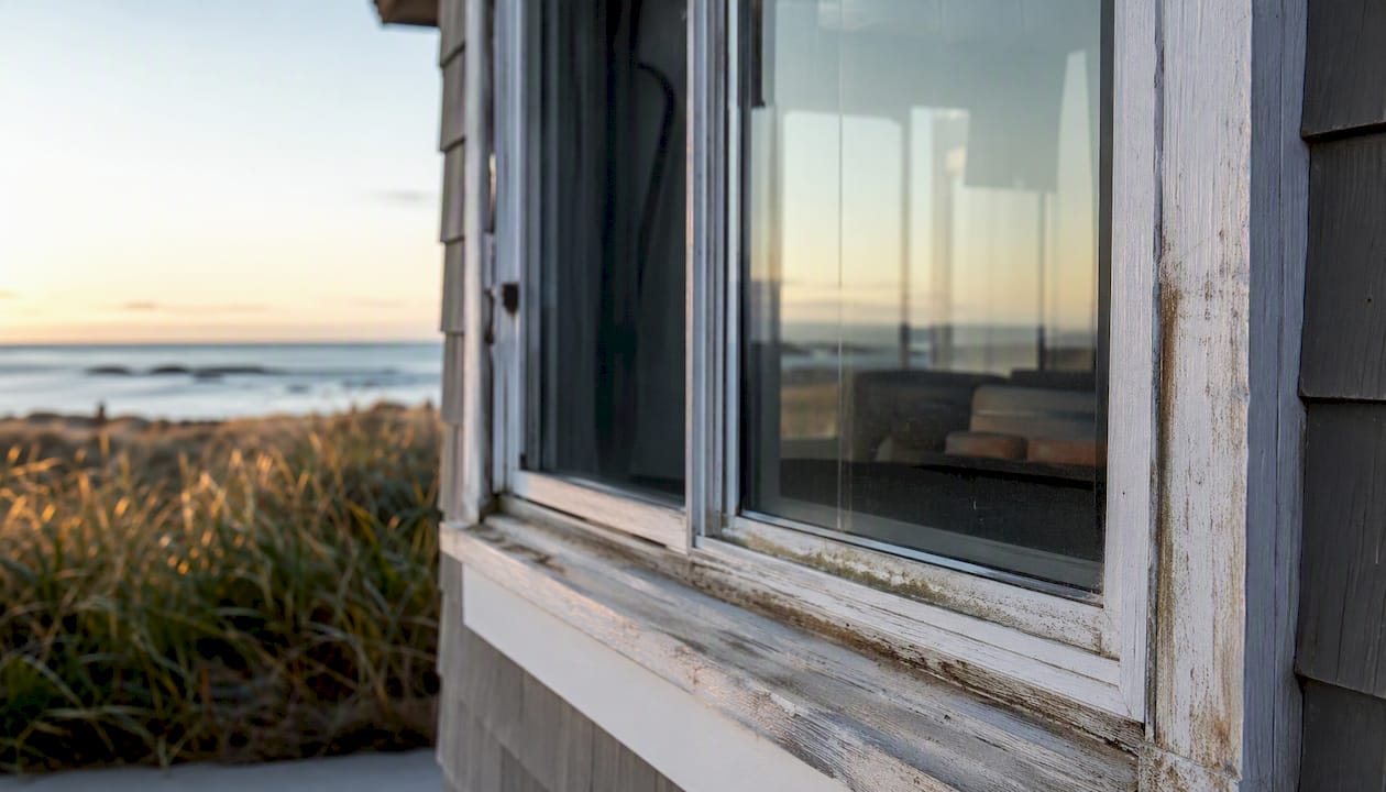 Window frame on coastal Connecticut home showing weather exposure