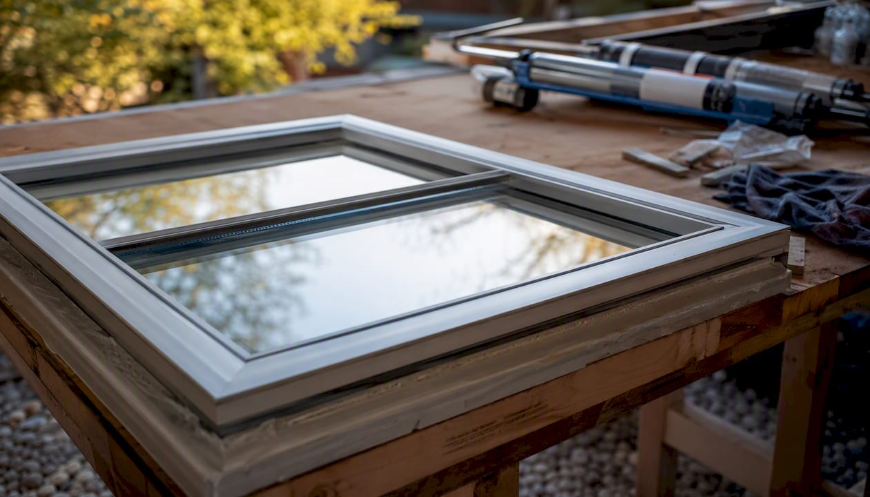 Energy-efficient double-pane window glass close-up