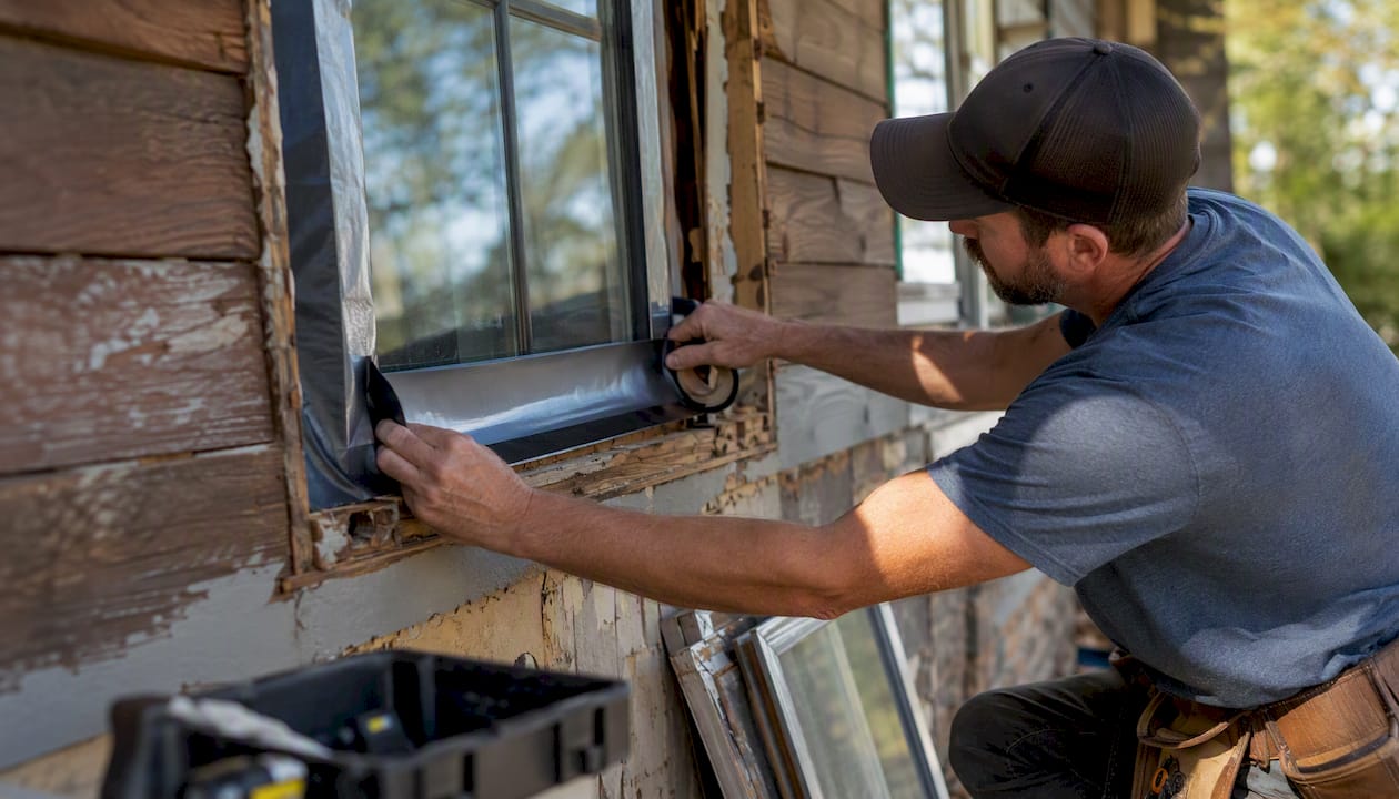 Hands applying flashing tape around window opening