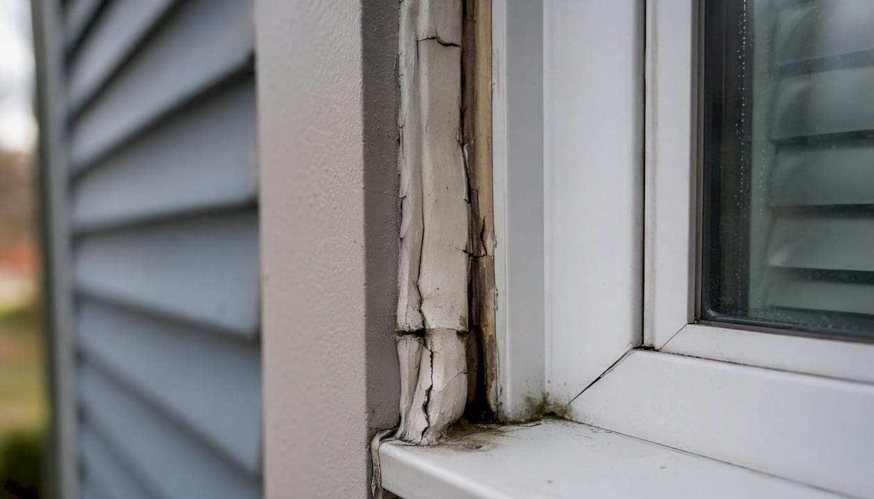 Cracked window sealant and warped frame corner