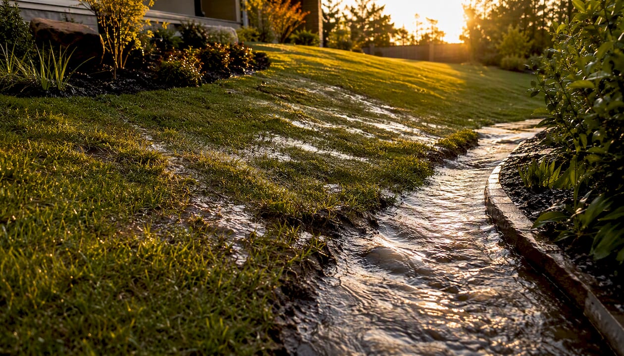 Yard showing sheet flow and concentrated water flow