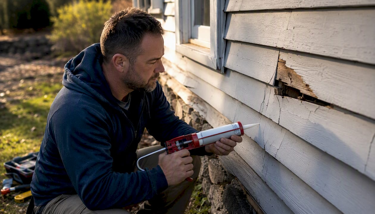 Contractor applying siding repair at house exterior