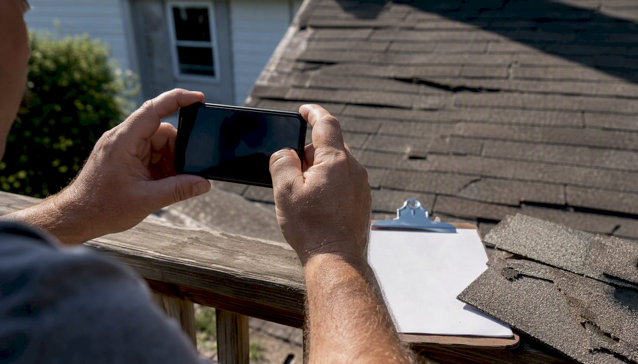 Hands taking photo of roof damage for claim