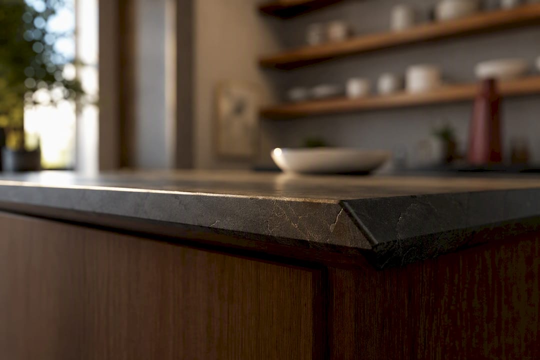 Beveled edge catching light on kitchen countertop