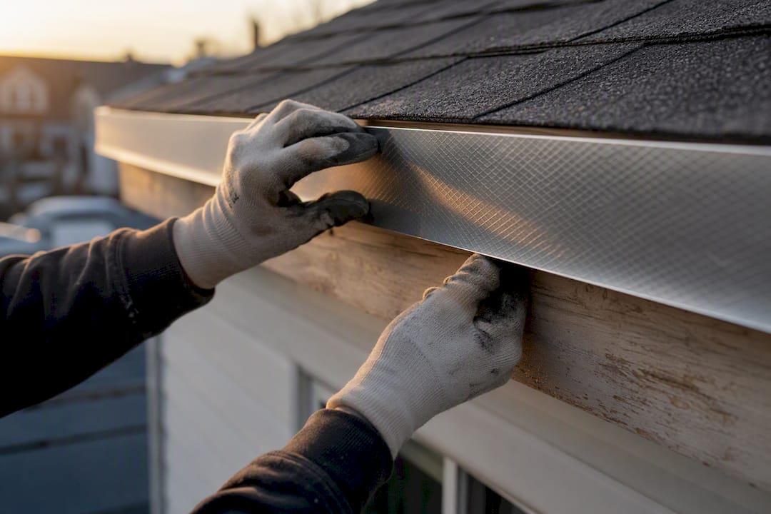 Hands wrapping aluminum coil on wood fascia