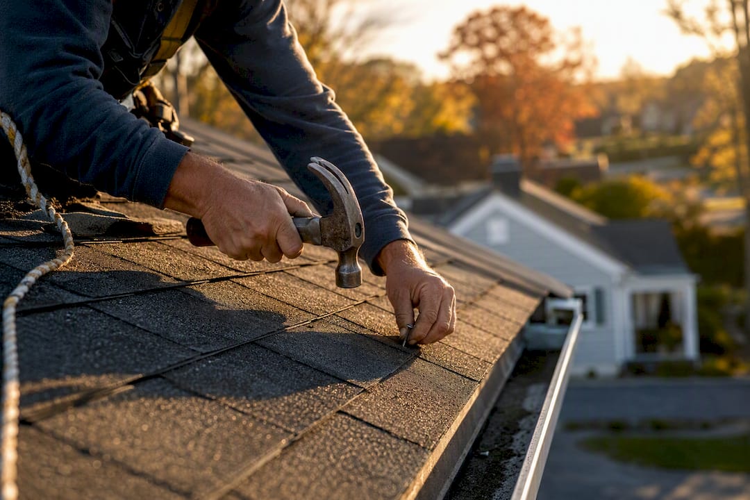 Hands installing roof shingles close-up
