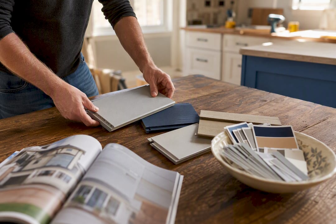 Homeowner selecting tile sample for renovation