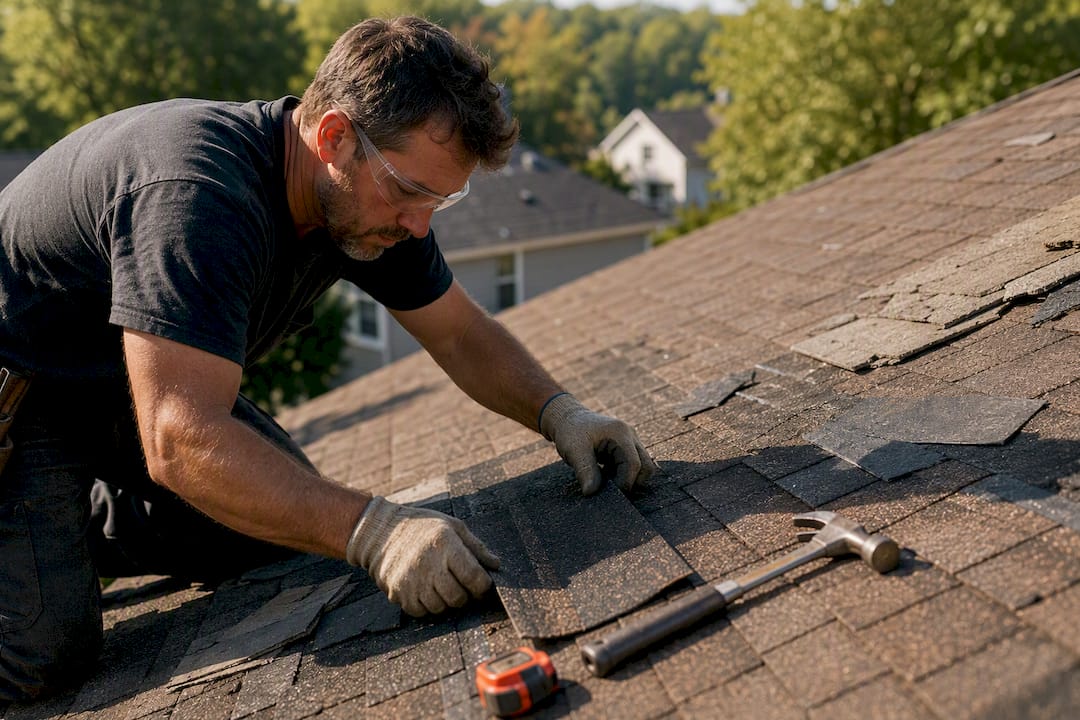 Heat gun warming roof shingle in sunlight