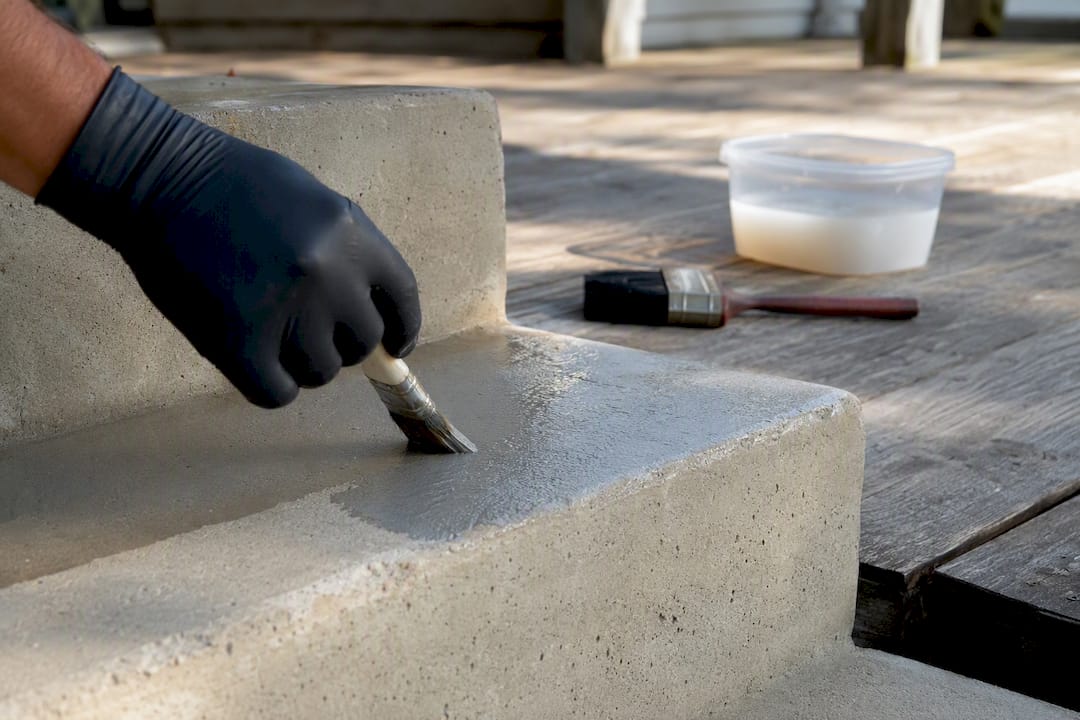 Hand brushing bonding adhesive on concrete step