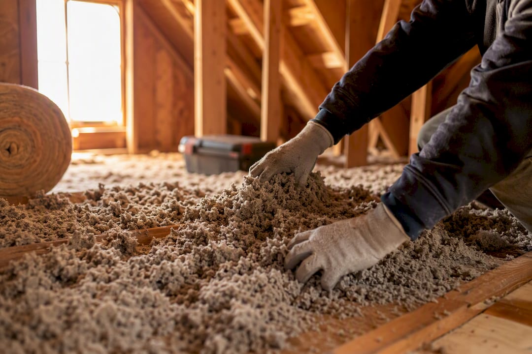 Hands applying blown-in cellulose insulation in attic