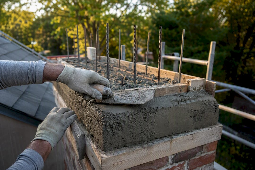 Rebar and mortar in chimney crown rebuild