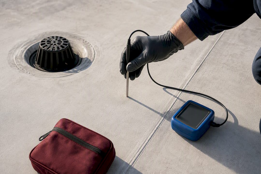 Roof probe testing moisture beneath membrane