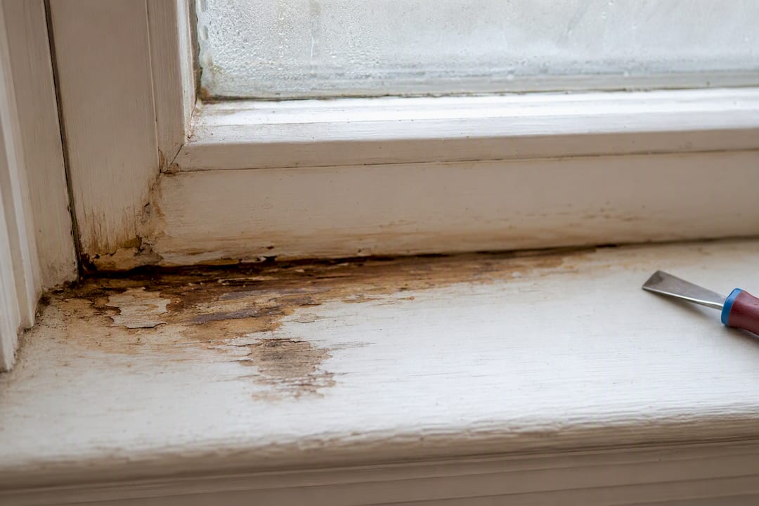 Moisture staining on softened window sill