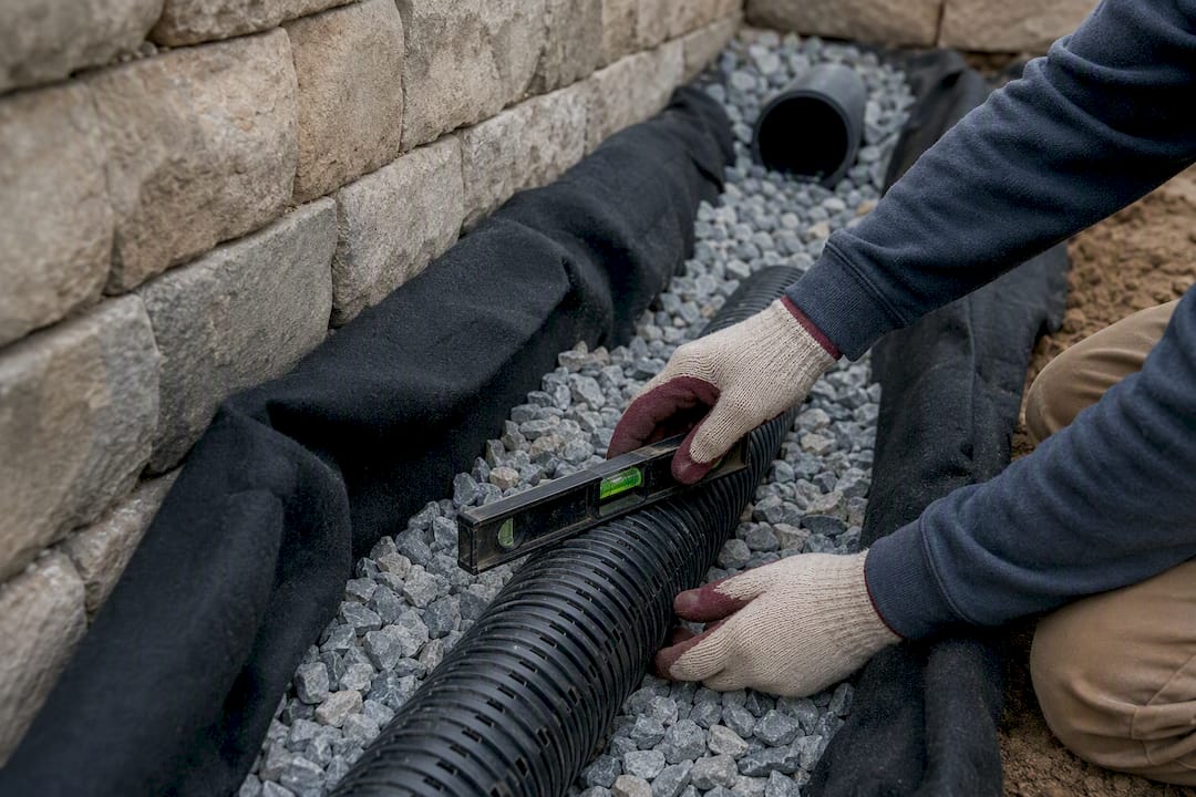 Contractor checking retaining wall drainage pipe slope