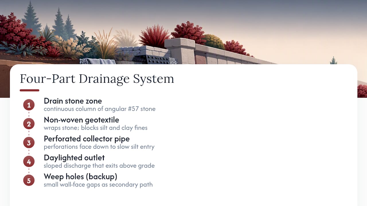 Four-part retaining wall drainage cross-section