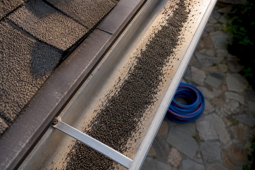 Loose shingle granules collected in gutter