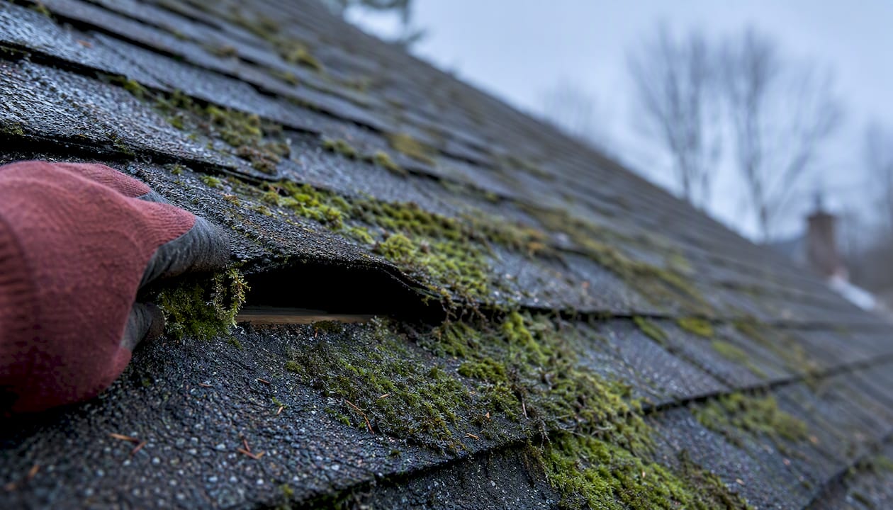 Moss lifting a roof shingle tab