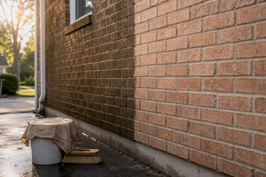 Damp brick wall drying before veneer work