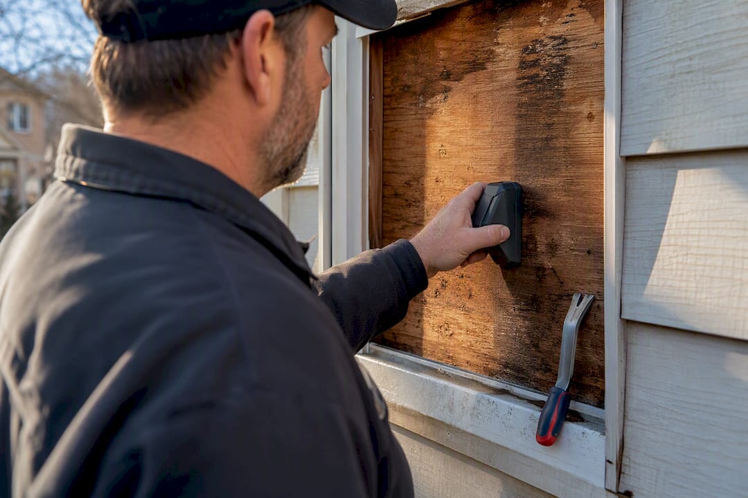 Moisture meter checking exposed wall sheathing