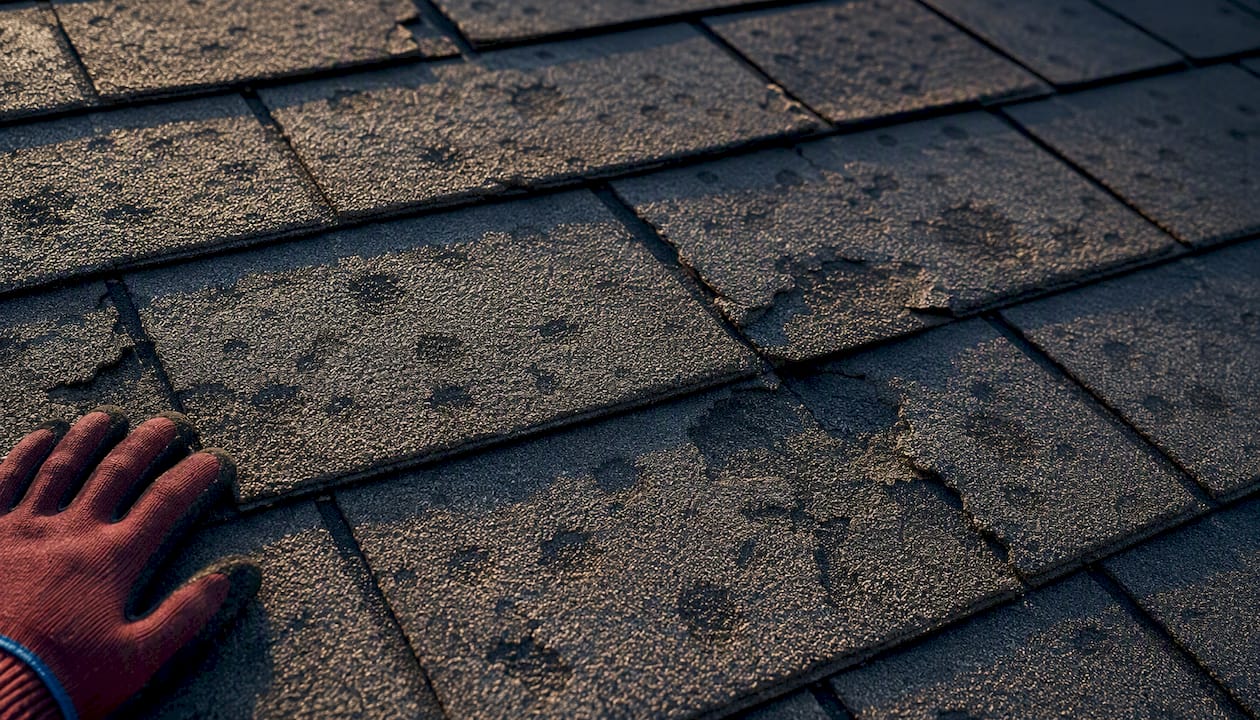 Hail bruises and granule loss on shingles